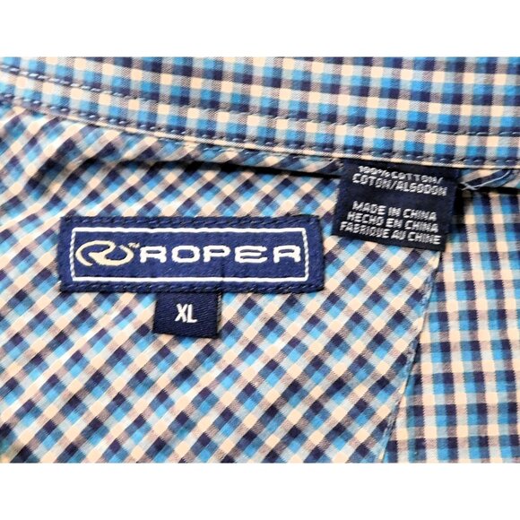 Roper Shirt Mens XL Blue Tan Plaid Pearl Snap Long Sleeve Pockets Western Cotton - Picture 8 of 8